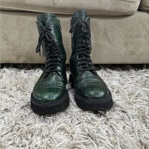 Aquatalia Dark Green Crocodile-Embossed Combat Boots